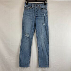 Levi's Wedgie Straight Jeans 25 Medium Blue Wash Distressed Raw Hem